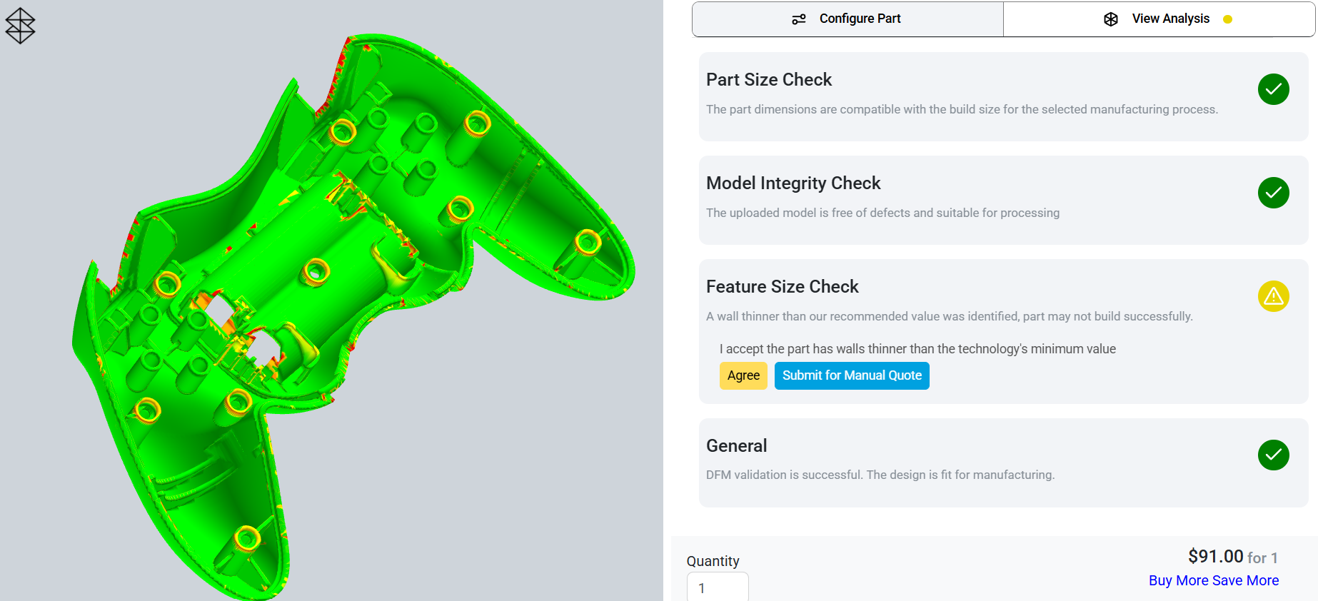A 3D model of a moulded housing shaded green, with red and orange patches marking walls thinner than the printing process can reliably build. Beside it, automated design-for-manufacturability checks for part size, model integrity, and feature size, with the feature size check showing a warning.