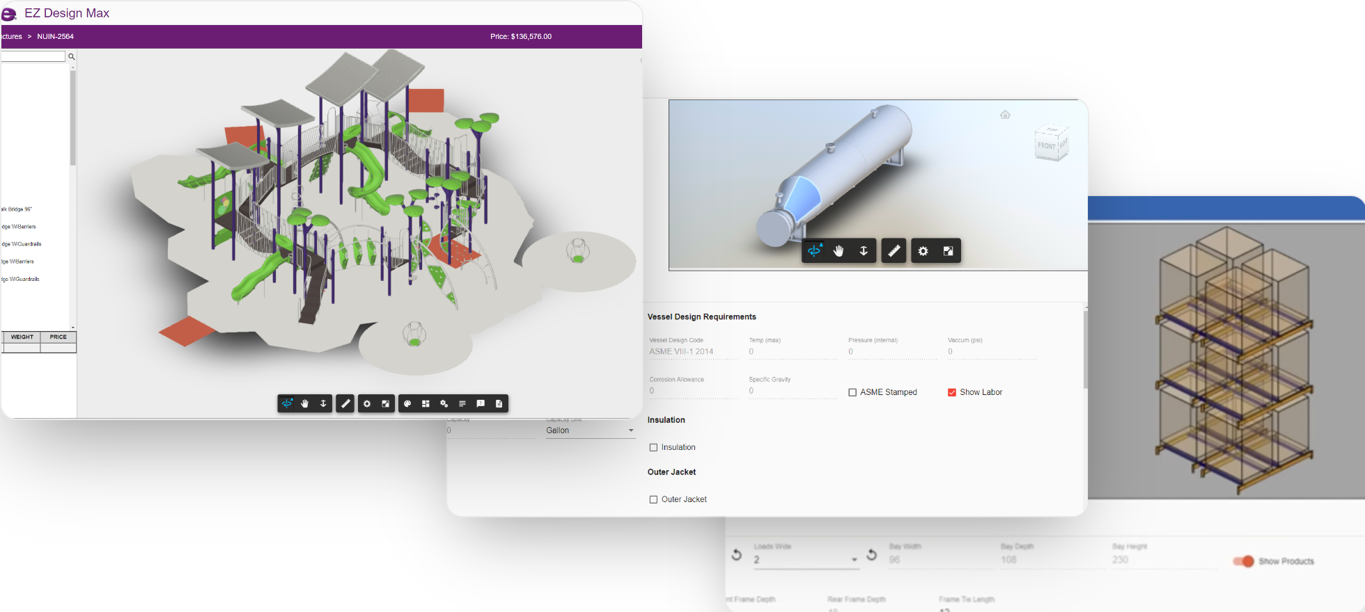 A collage of three configurator interfaces built on the same platform: a playground layout tool showing a 3D play structure with a parts list and live price, a pressure vessel designer showing a metal tank model with ASME design requirement fields, and a modular rack configurator showing a wireframe of stacked storage bays with bay dimension fields.