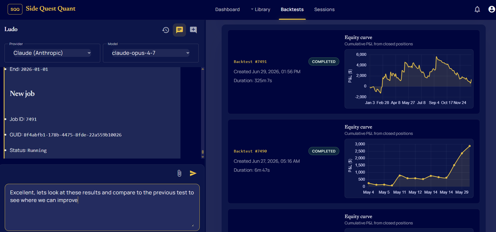 A dark application interface. On the left, an agent conversation with the LLM provider set to Claude and a model selected, showing a dispatched job with an ID and running status. On the right, a column of completed backtest cards, each with a line chart of its output.